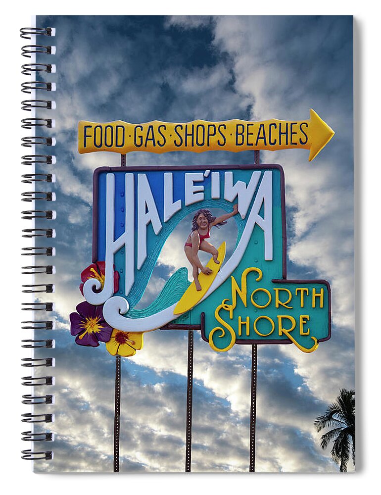 Haleiwa Sign Spiral Notebook featuring the photograph Haleiwa Surfer Sign 2 by Sean Davey