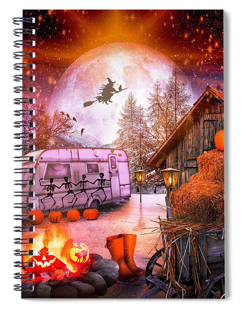 Fall Spiral Notebook featuring the digital art Halloween Fall Camping by Debra and Dave Vanderlaan