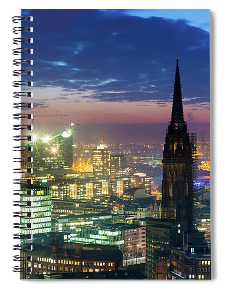 Freight Transportation Spiral Notebook featuring the photograph Hamburg Harbour At Sunset, Cityscape by Mf-guddyx