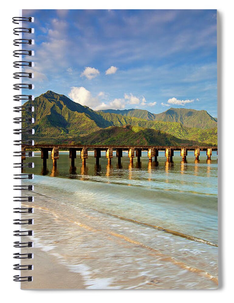 Summer Spiral Notebook featuring the photograph Hanalei Bay Pier Beach by M Swiet Productions