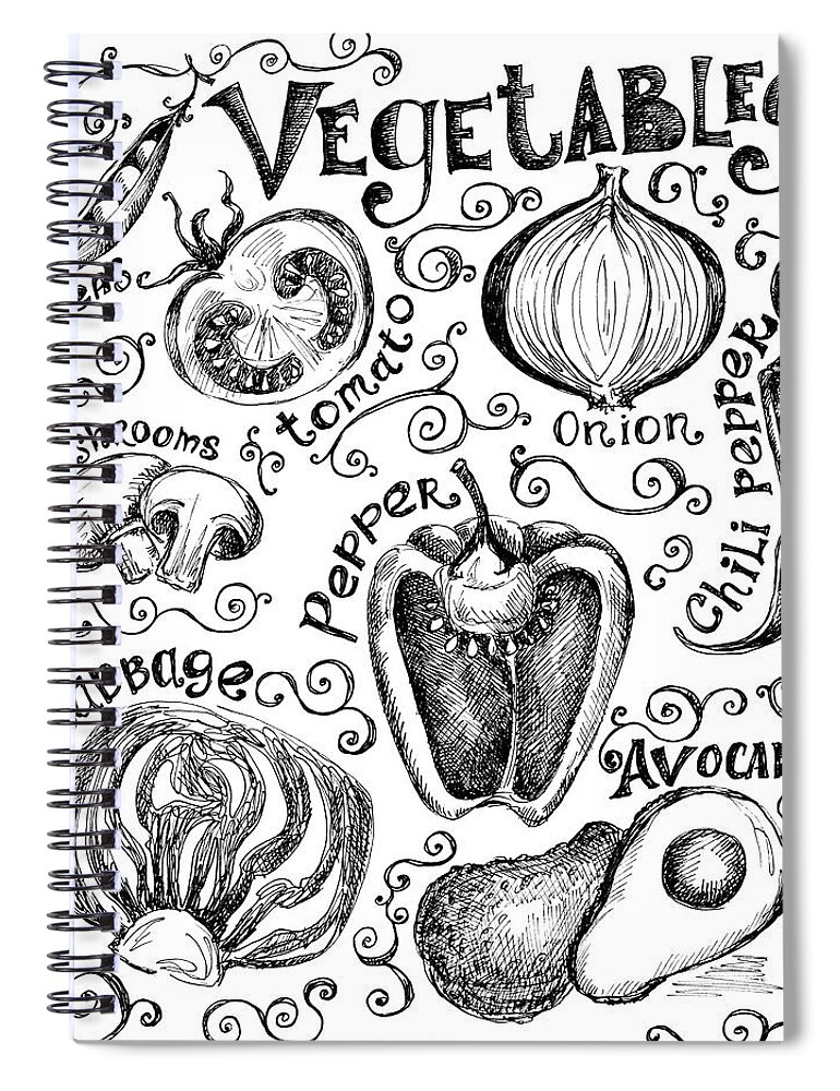 Edible Mushroom Spiral Notebook featuring the digital art Hand Drawn Vegetable Graphics And Labels by Kalistratova