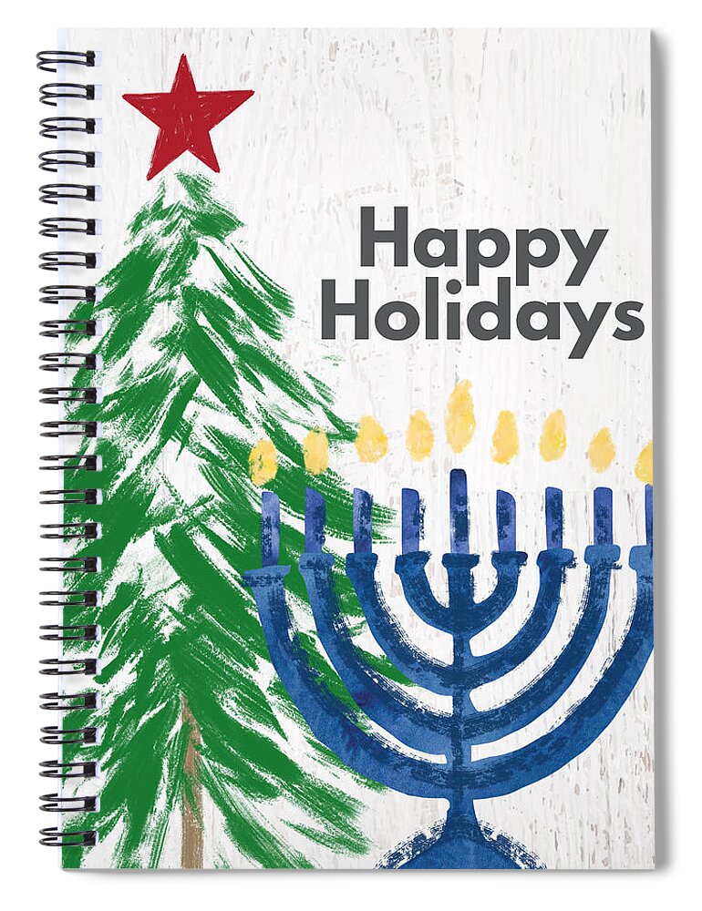 Holidays Spiral Notebook featuring the mixed media Happy Holidays Tree and Menorah- Art by Linda Woods by Linda Woods