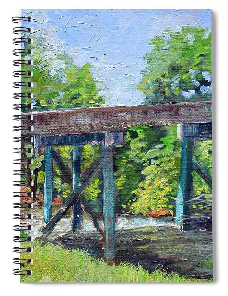 Bridge Spiral Notebook featuring the painting Harrison Park Bridge-Ellijay River - Sun Peeking Under by Jan Dappen