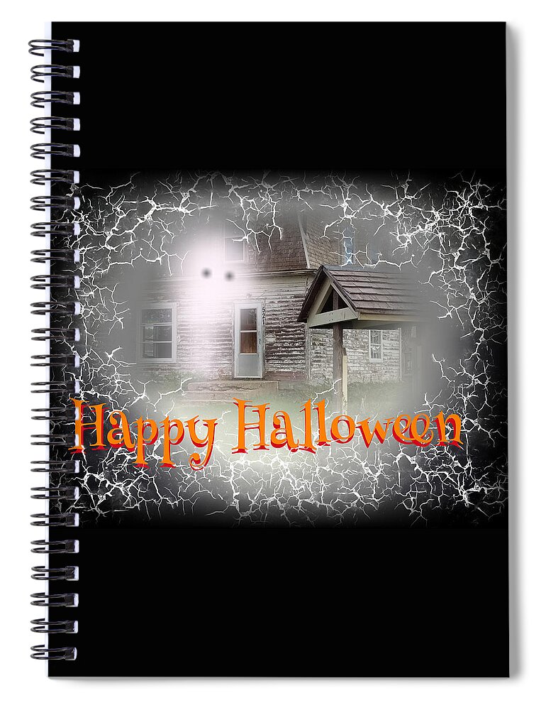 Haunted House Spiral Notebook featuring the digital art Haunted House Happy Halloween Card by Delynn Addams