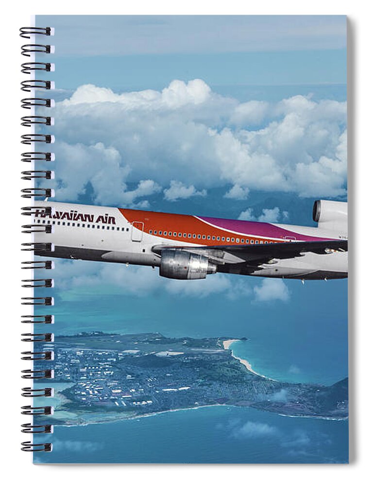 Hawaiian Airlines Spiral Notebook featuring the mixed media Hawaiian Airlines L-1011 Over the Islands by Erik Simonsen