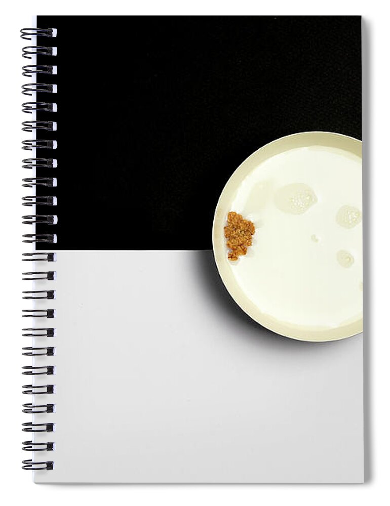 Breakfast Spiral Notebook featuring the photograph Healthy breakfast with Ceramic bowl filled with milk and a piece by Michalakis Ppalis