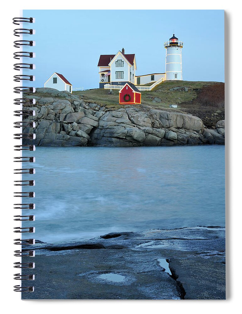Nubble Lighthouse Spiral Notebook featuring the photograph Holiday Nubble on the Rocks by Luke Moore