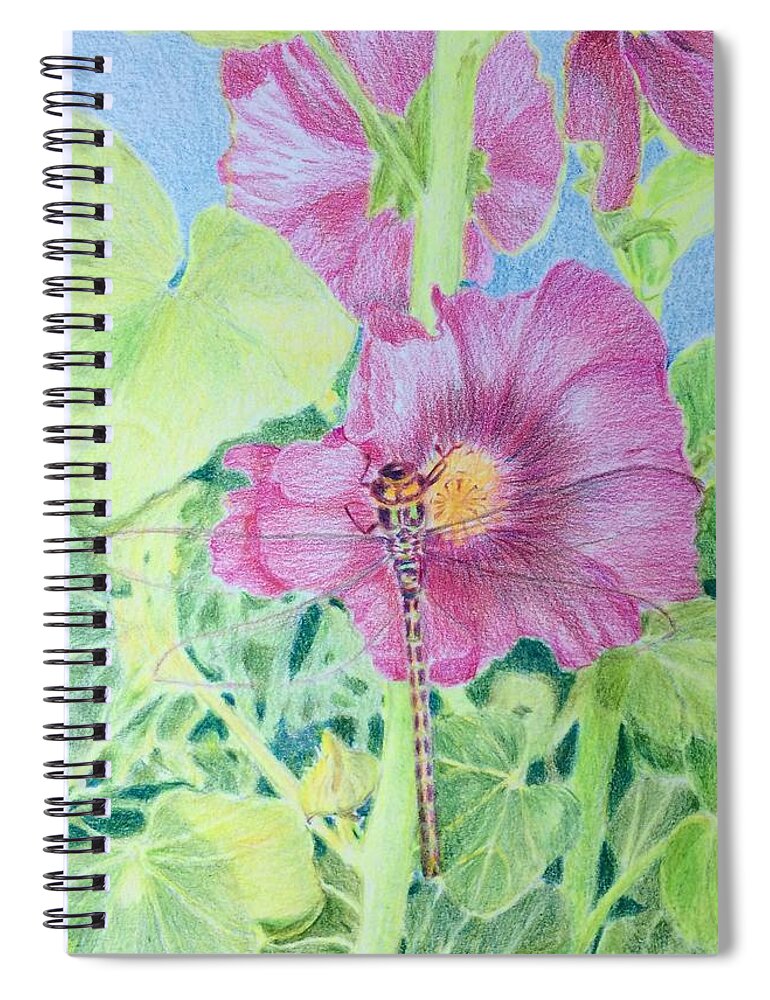 Framed Prints Spiral Notebook featuring the drawing Hollyhock and dragonfly by Milly Tseng