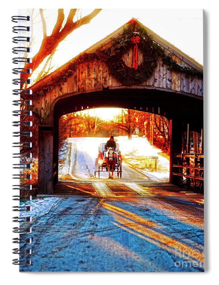Horse Spiral Notebook featuring the photograph Horse Drawn Carriage Covered Bridge Long Grove IL 014060036 by Tom Jelen
