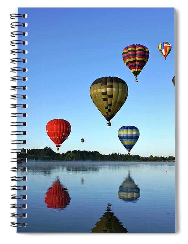 Clear Sky Spiral Notebook featuring the photograph Hot Air Balloons Reflected In Lake by Brenda Anderson