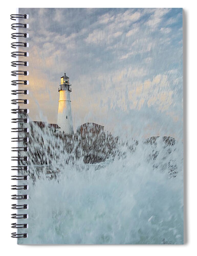 Portland Head Light Spiral Notebook featuring the photograph Iconic Portland Head Light With A Splash of Energy by Wayne Moran