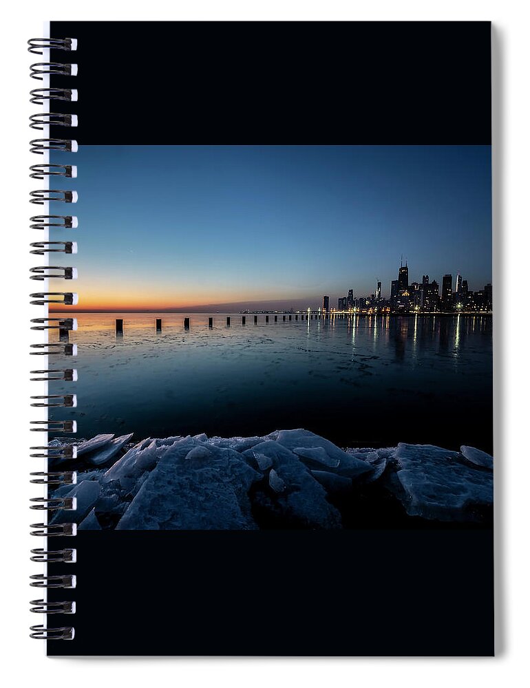 Ice Spiral Notebook featuring the photograph Icy Chicago Skyline at dawn by Sven Brogren
