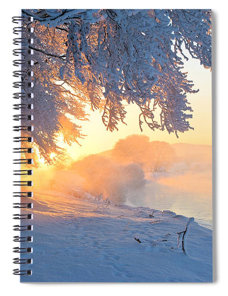 Tranquility Spiral Notebook featuring the photograph Icy River At Sunset With Frost Smoke by Simon Butterworth