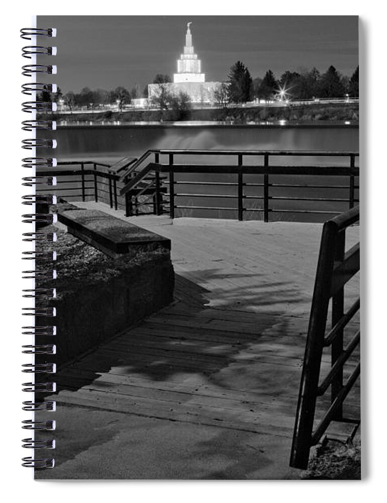 Idaho Falls Spiral Notebook featuring the photograph Idaho Fall Riverwalk Temple View Black And White by Adam Jewell