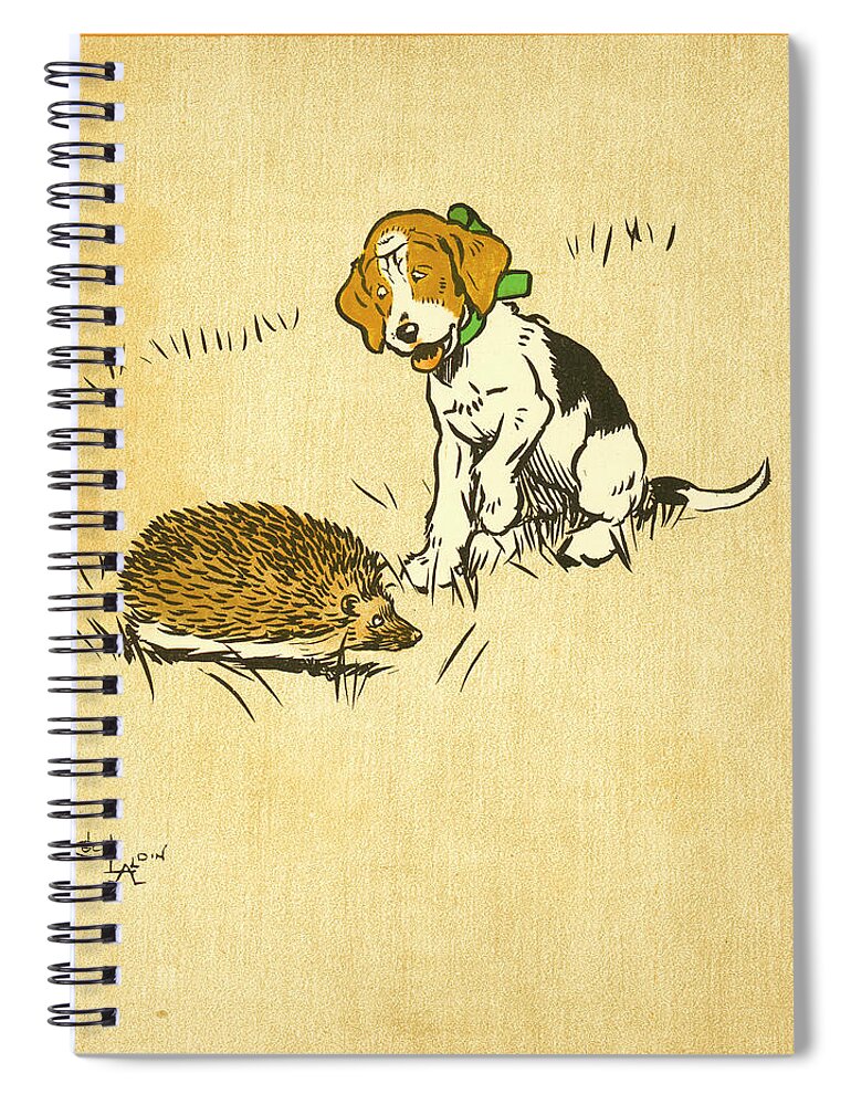 Book Illustration Spiral Notebook featuring the drawing Puppy and Hedgehog, illustration of by Cecil Aldin