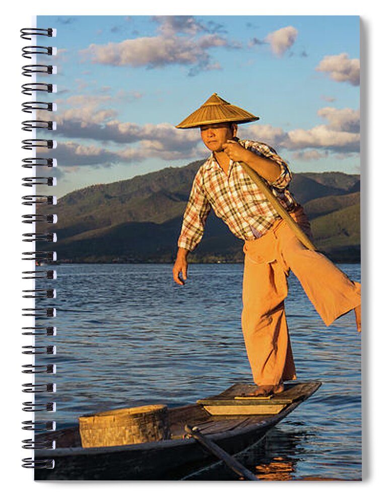 Fisherman Spiral Notebook featuring the photograph Intha fisherman on Lake Inle in Myanmar by Ann Moore