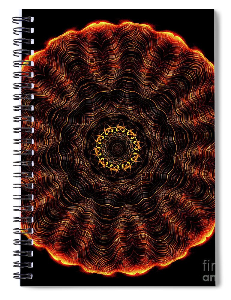 3 Dimensional Spiral Notebook featuring the digital art Intricate 2 orange, red and yellow mandala kaleidoscope by Amy Cicconi