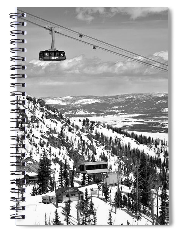 Jackson Hole Spiral Notebook featuring the photograph Jackson Hole Big Red Tram In The Tetons Black And White by Adam Jewell