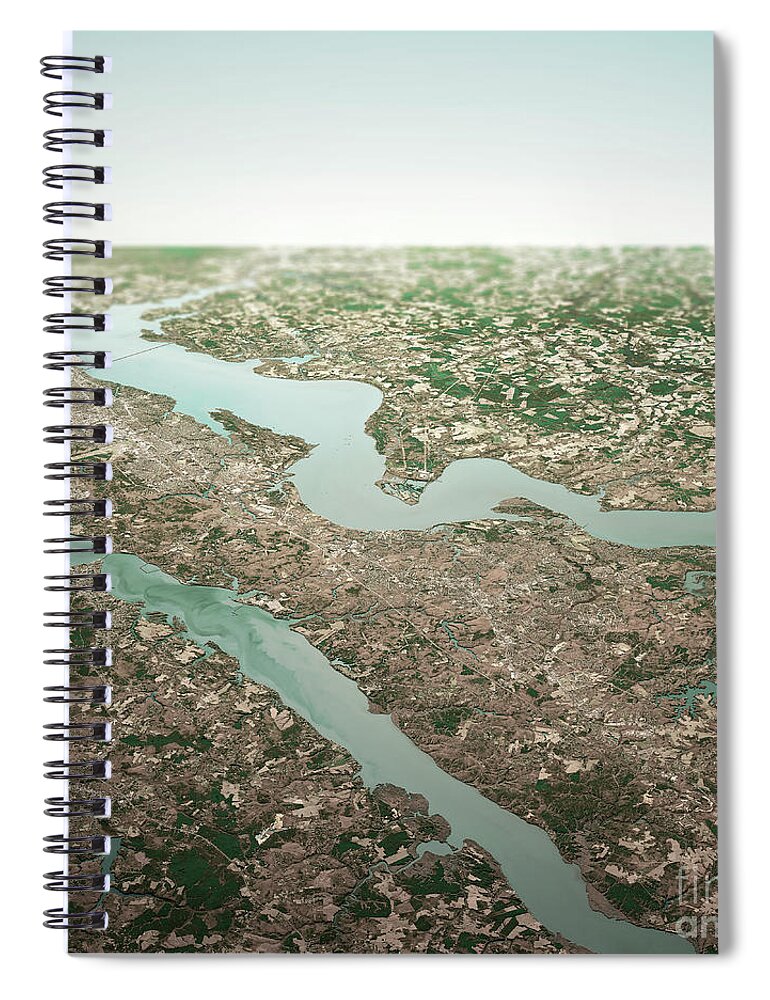 River Mouth Spiral Notebook featuring the digital art James River Virginia 3D Render Horizon Aerial View From North Ma by Frank Ramspott