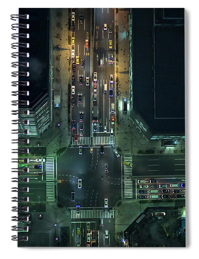 Two Lane Highway Spiral Notebook featuring the photograph Japan, Tokyo, Aerial View Of Traffic by Michael H