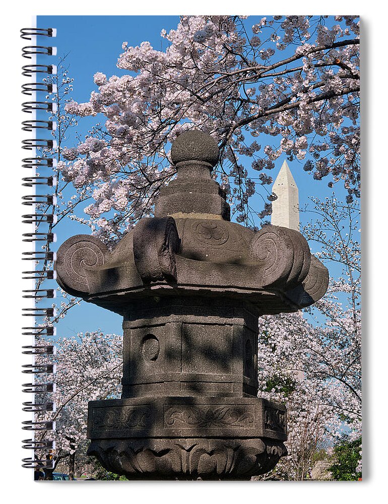 Washington D.c. Spiral Notebook featuring the photograph Japanese Stone Lantern and the Washington Monument DS057 by Gerry Gantt