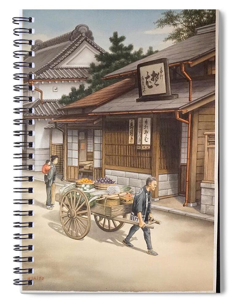 Nature Spiral Notebook featuring the painting Japanese Woodblock Print Vivid Colors Signed H. Saito Street Scene Man Cart by Celestial Images