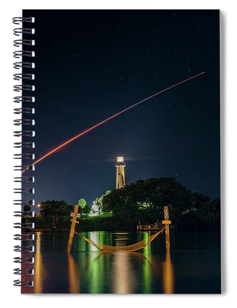 Jupiter Lighthouse Spiral Notebook featuring the photograph Jupiter Lighthouse SpaceX Rocket Launch by Kim Seng