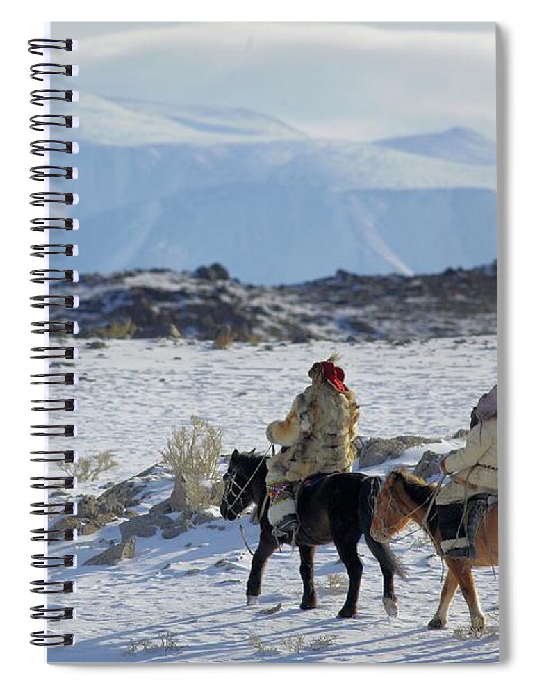 Horse Spiral Notebook featuring the photograph Kazakh Golden Eagle Hunters In Altai by Timothy Allen