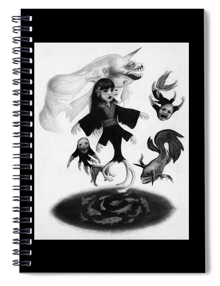 Horror Spiral Notebook featuring the drawing Keiko Among The Koi - Artwork by Ryan Nieves