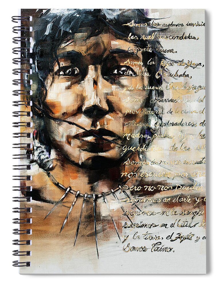 Taino Spiral Notebook featuring the painting La Gente Buena - The Good People by Carlos Flores