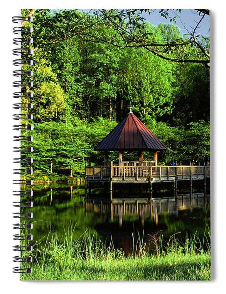 Lush Spiral Notebook featuring the photograph Lake and Gazebo on a Spring Afternoon by Steve Ember