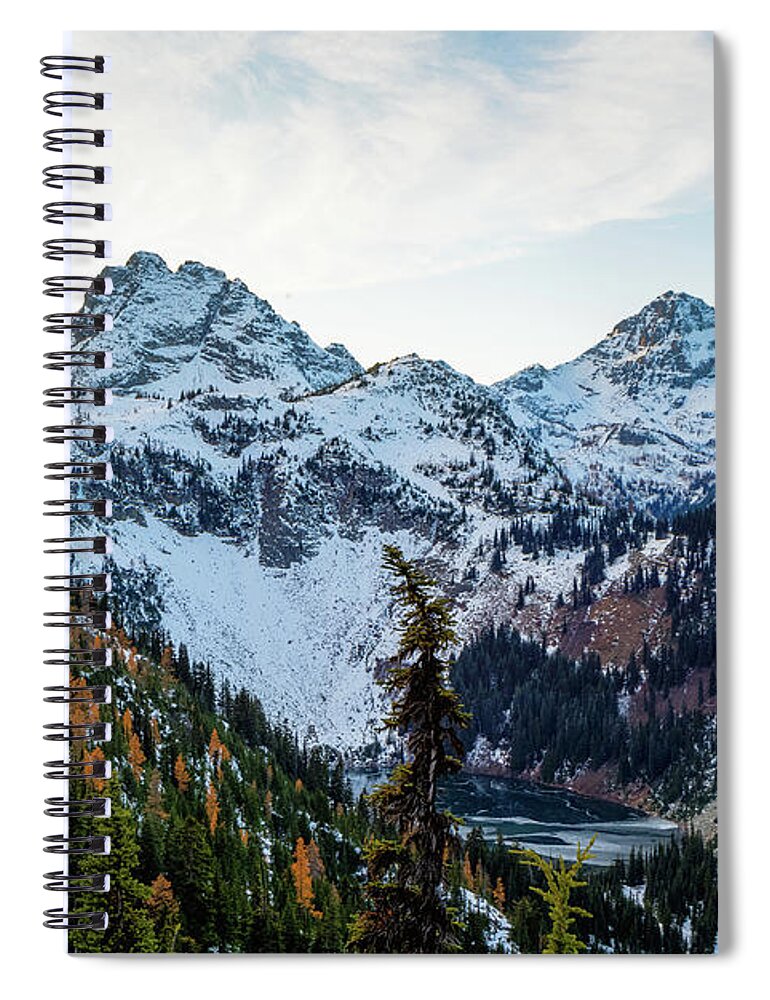 Outdoor; Fall Colors; Autumn; Larch; Golden; Color; Lake Ann; Maple Pass; Heather Pass; Maple Pass Loops; Mountains; Black Peak; Corteo Peak; Tree; North Cascade; Blue Lake; Washington Pass; Washington Beauty; Pacific North West Spiral Notebook featuring the digital art Lake Ann, WA by Michael Lee