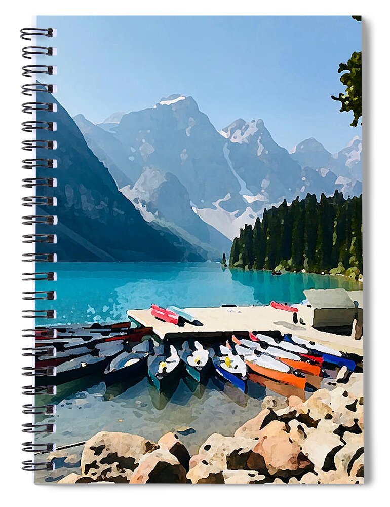 Moraine Lake Spiral Notebook featuring the photograph Moraine Lake Canoes by Tom Johnson