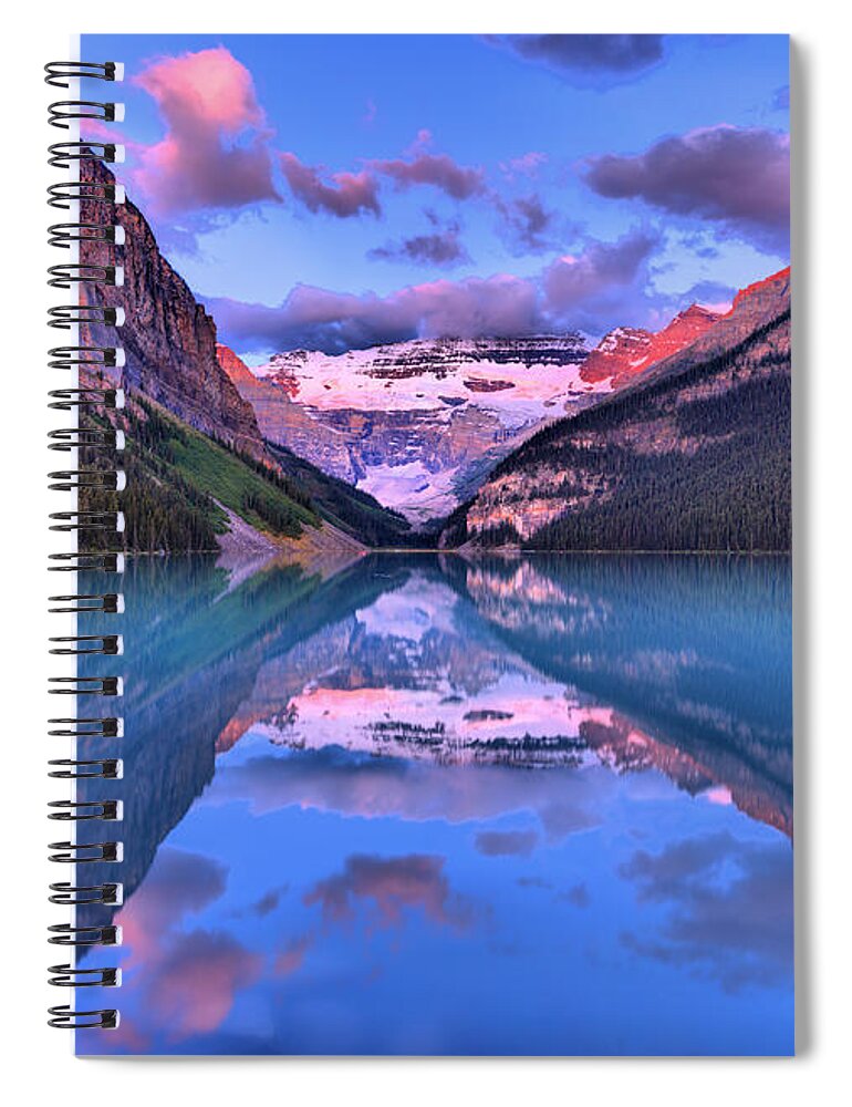 Lake Louise Spiral Notebook featuring the photograph Lake Louise Summer Sunrise Reflections by Adam Jewell