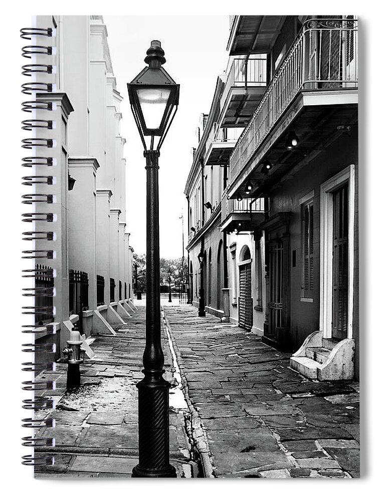 Wooden Post Spiral Notebook featuring the photograph Lamp-post In Alley by Kiskamedia