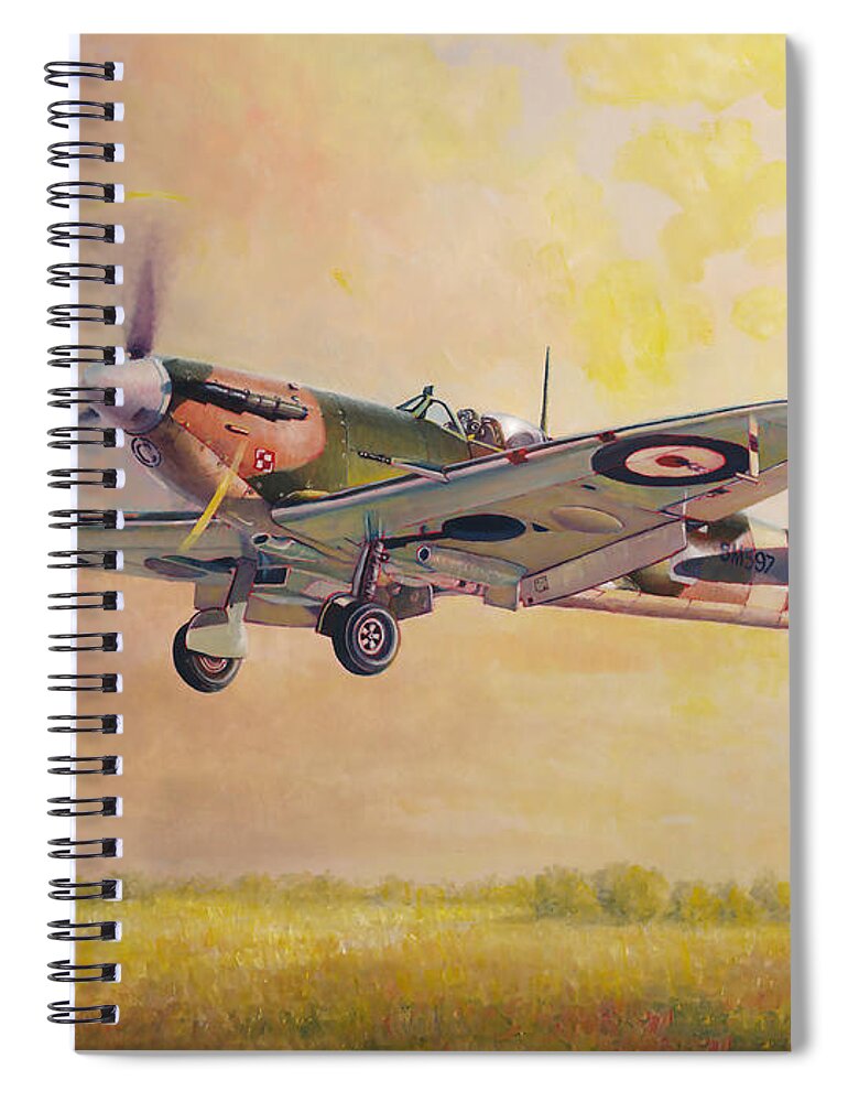 Aviation Art Spiral Notebook featuring the painting Landing Spitfire by Douglas Castleman