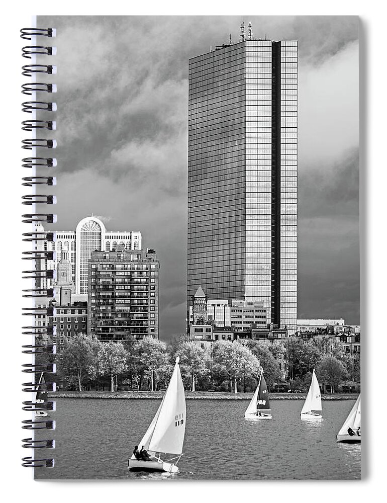 Boston Spiral Notebook featuring the photograph Lean into it- Sailboats by the Hancock on the Charles River Boston MA Black and White by Toby McGuire