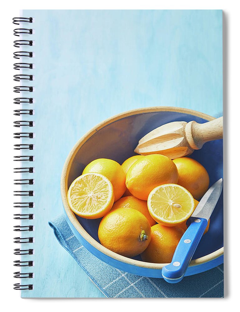 Lemons Spiral Notebook featuring the photograph Lemons in a blue bowl by Cuisine at Home