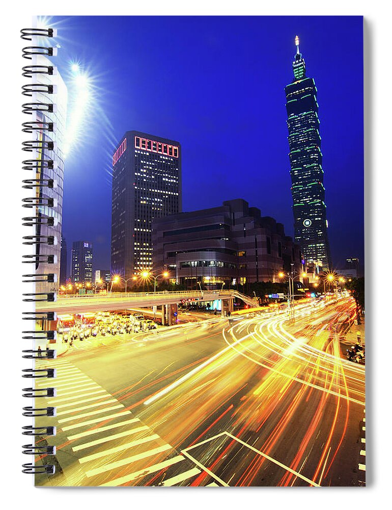 Elevated Walkway Spiral Notebook featuring the photograph Light Trails And Taipei 101 by Joyoyo Chen