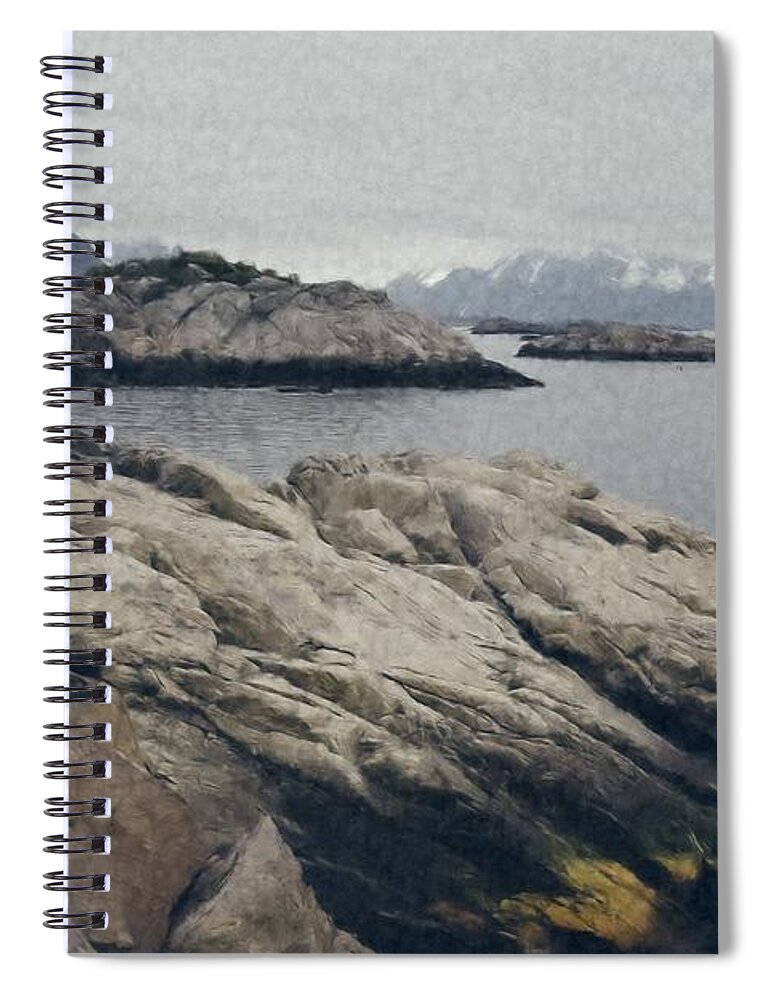 Architecture Spiral Notebook featuring the photograph Lighthouse on rocks near the Atlantic coast, digital art oil pai by Joaquin Corbalan