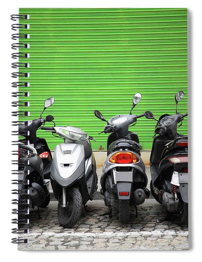 Macao Spiral Notebook featuring the photograph Line Of Motorbikes Against Green by Steven Puetzer