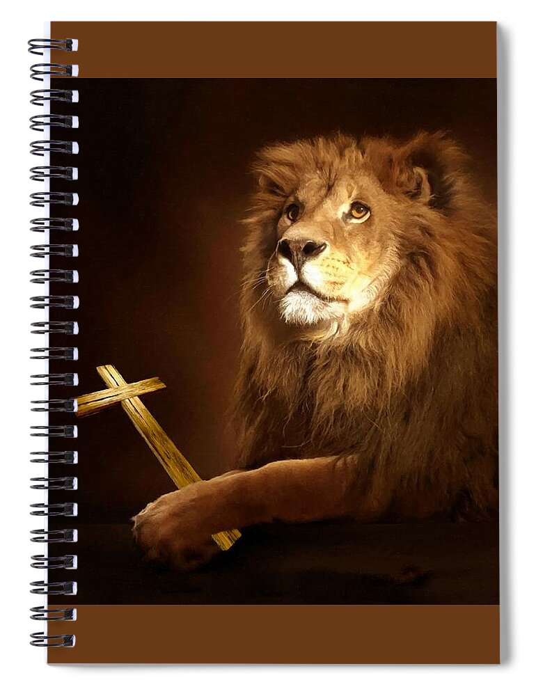 Jesus Spiral Notebook featuring the mixed media Lion Of Judah With Cross by Sandi OReilly