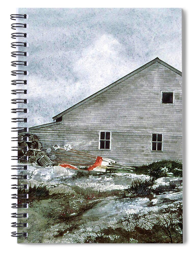 A Lobsterman's Building At Peggy's Cove Spiral Notebook featuring the painting Lobsters by Monte Toon