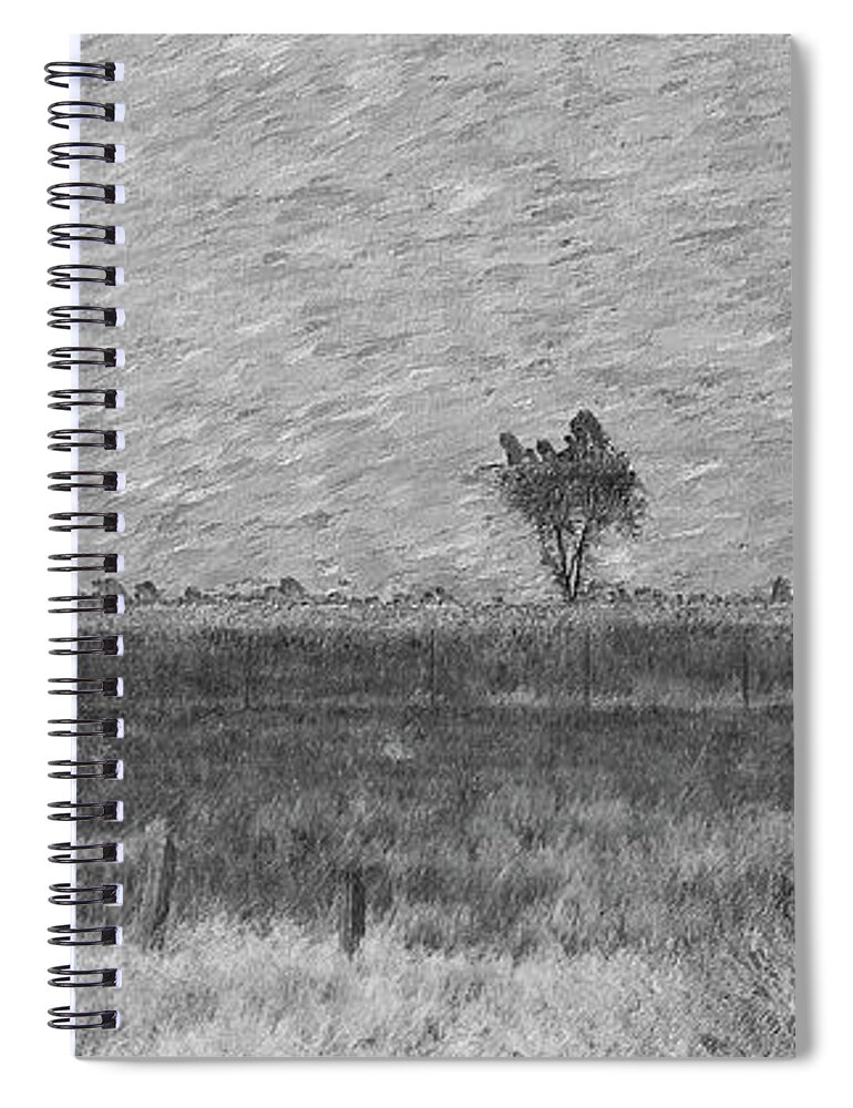 Tree Spiral Notebook featuring the mixed media Lonely Tree Pano Painterly Grayscale by Jennifer White