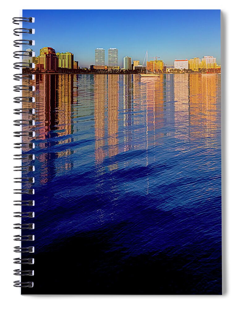 Boats Spiral Notebook featuring the photograph Long Reflections of Downtown West Palm Beach Abstract Painting by Debra and Dave Vanderlaan
