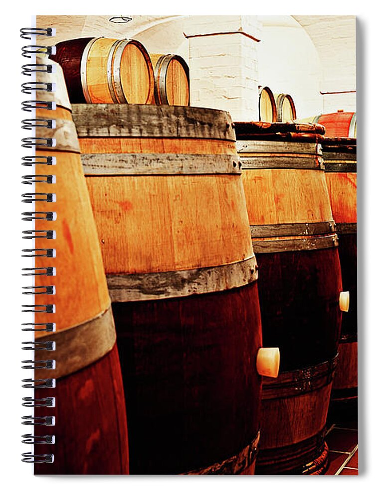 Alcohol Spiral Notebook featuring the photograph Long Row Of Oak Barrels For Wine by Rapideye