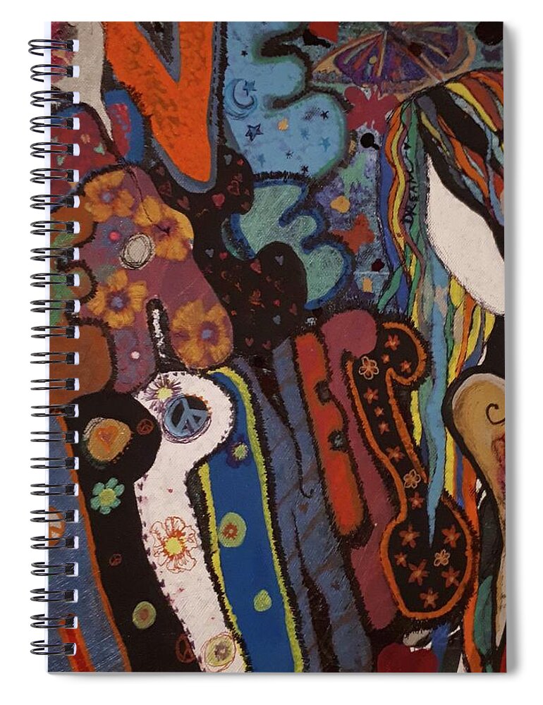 Love Spiral Notebook featuring the painting Love, Peace, Happiness by Christine Paris