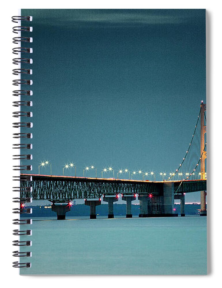 Lake Michigan Spiral Notebook featuring the photograph Mackinac Bridge At Sunset by Kim Kozlowski Photography, Llc