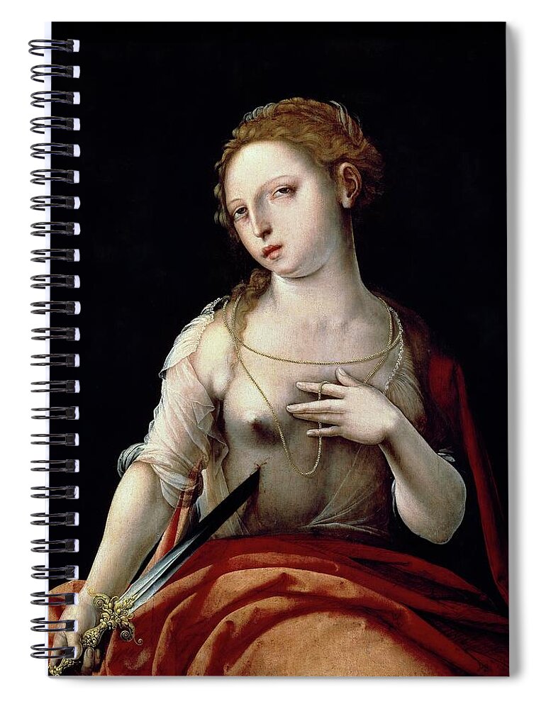 Maestro Del Papagayo Spiral Notebook featuring the painting Maestro del Papagayo / 'The Death of Lucretia', 1501-1550, Flemish School, Oil on panel. LUCRECIA. by Maestro del Papagayo -16th cent -