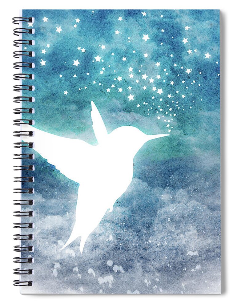 Hummingbird Spiral Notebook featuring the digital art Magical, Whimsical Spirit Hummingbird Drinking Stars by Laura Ostrowski